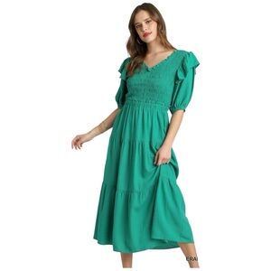 Umgee Emerald Green Smocked Tiered Dress Size Large Linen Blend